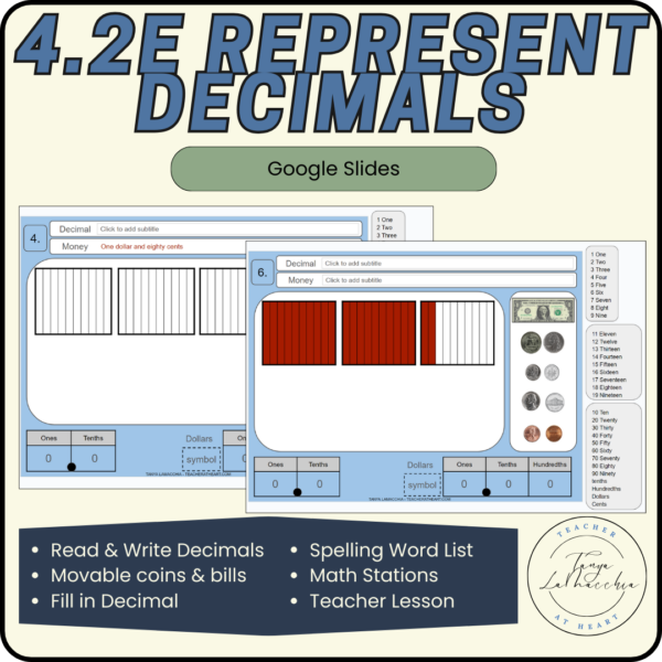 Digital Task Cards Represent Decimals using Models & Money