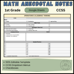 1st Grade Math Anecdotal Notes Template | Google Sheets | CCSS