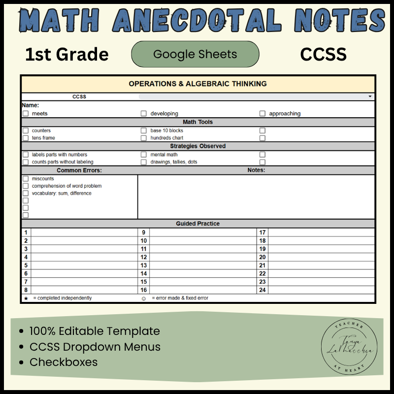 1st Grade Math Anecdotal Notes Template | Google Sheets | CCSS