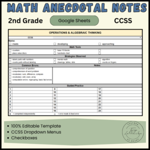 2nd Grade Math Anecdotal Notes Template | Google Sheets | CCSS