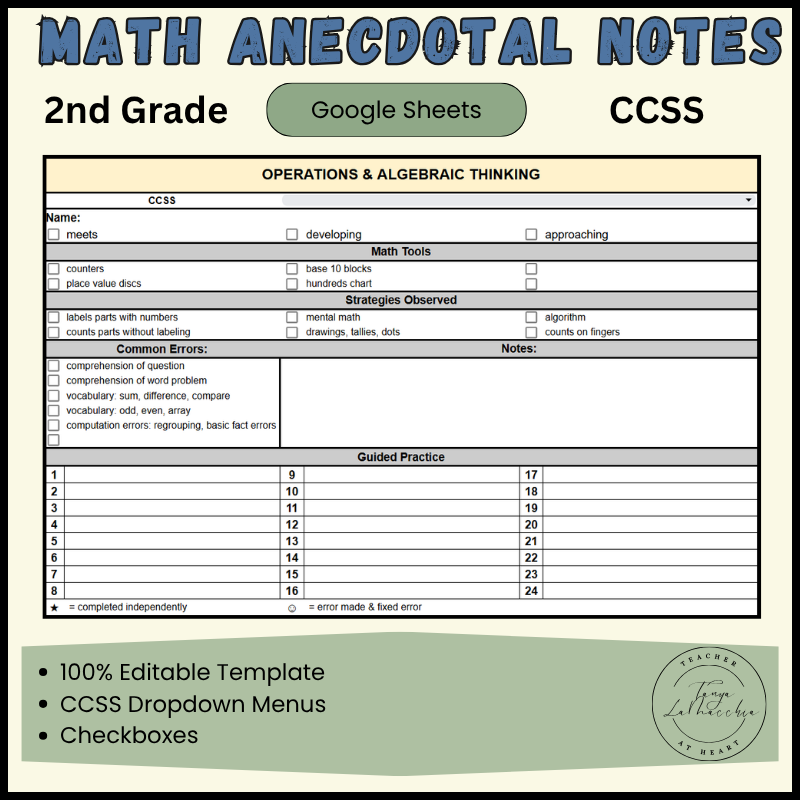 2nd Grade Math Anecdotal Notes Template | Google Sheets | CCSS