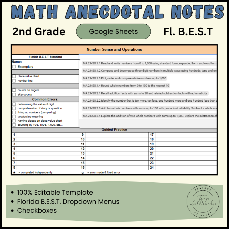 2nd Grade Math Anecdotal Notes Template | Google Sheets | Florida B.E.S.T.