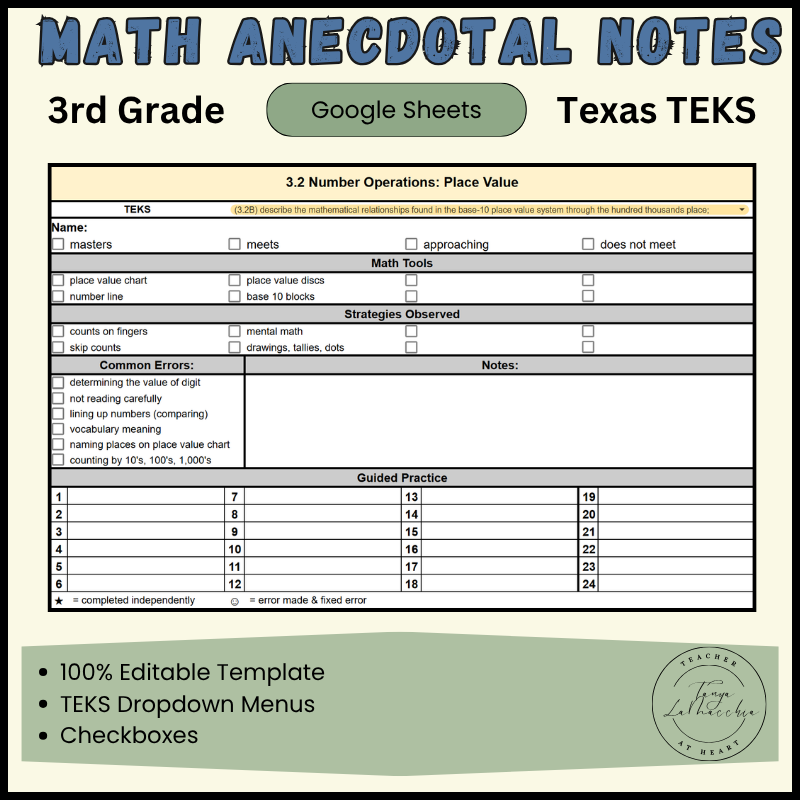 3rd Grade Math Anecdotal Notes TEKS Cover