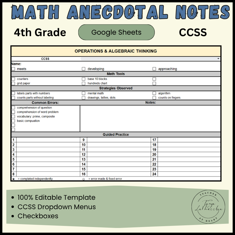 4th Grade CCSS Math Anecdotal Notes Cover