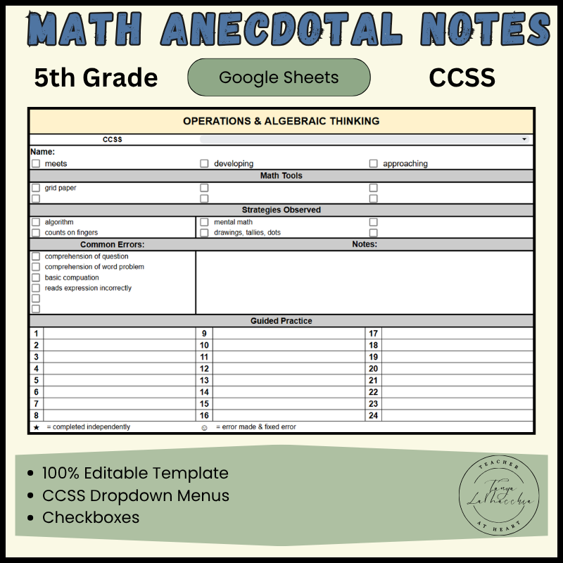 5th Grade CCSS Math Anecdotal Notes Cover