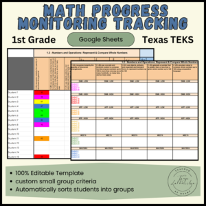 1st Grade Math Progress Monitoring Tracking Sheet | Small Group Planning | Texas TEKS