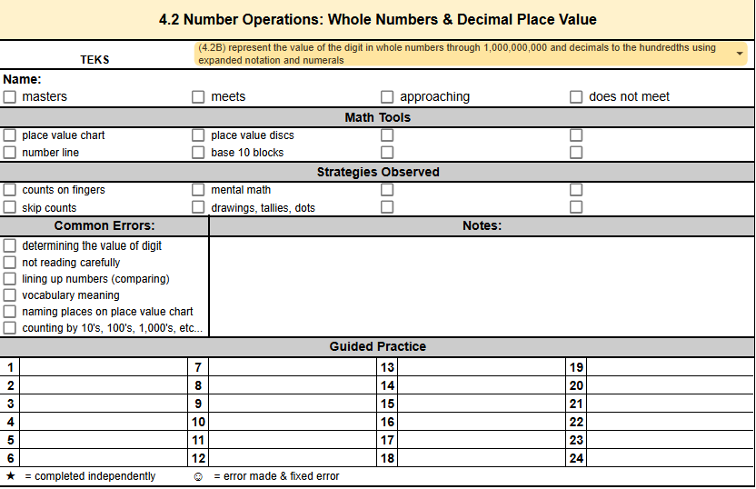 4th grade math anecdotal notes numbers and operations