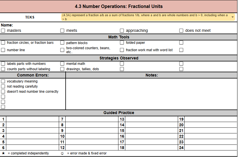 4th grade anecdotal notes fractional units