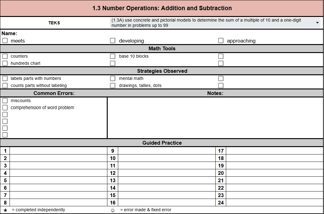 1st Grade Math Anecdotal Notes 1.3