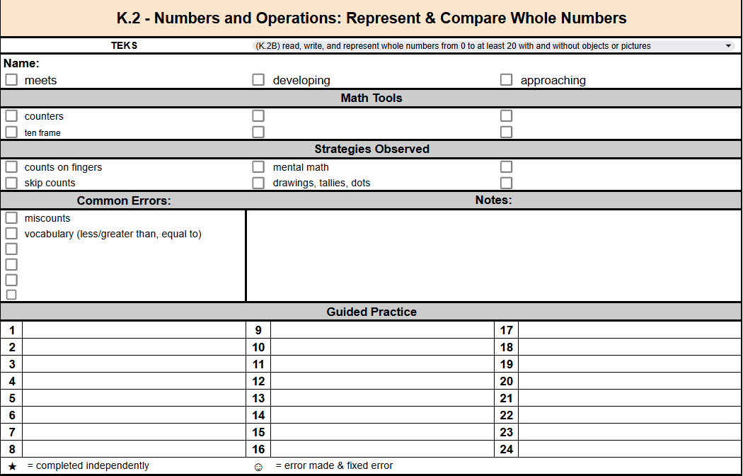 Kindergarten Math Anecdotal Notes TEKS k.2