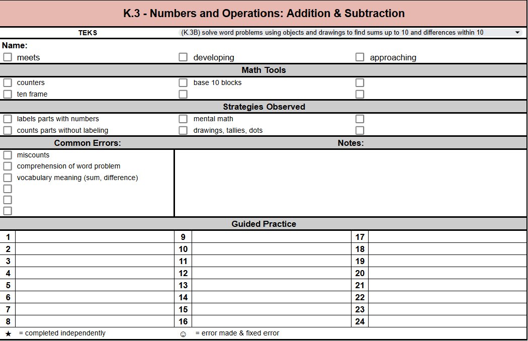 Kindergarten Math Anecdotal Notes k.3