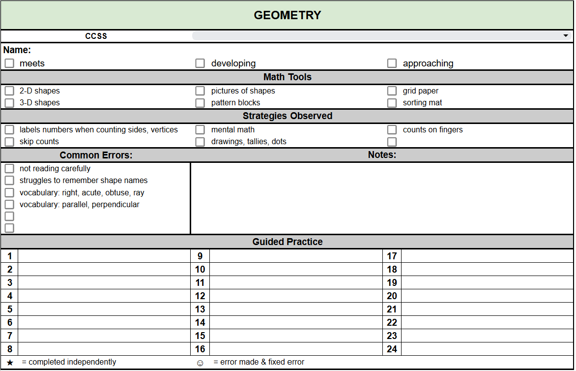4th Grade CCSS Anecdotal Notes Geometry