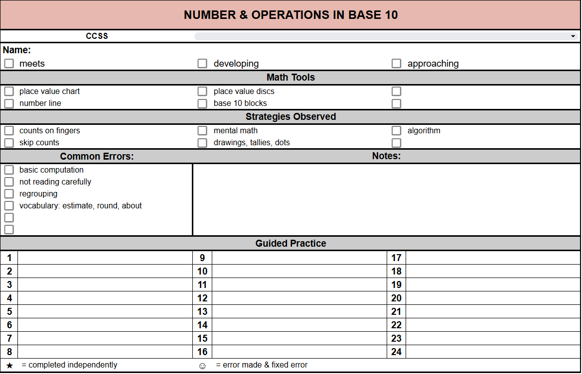 3rd Grade Anecdotal Notes CCSS Numbers in base 10
