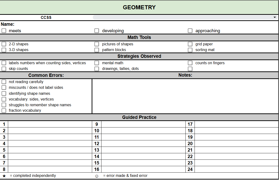 3rd Grade CCSS Anecdotal Notes Geometry