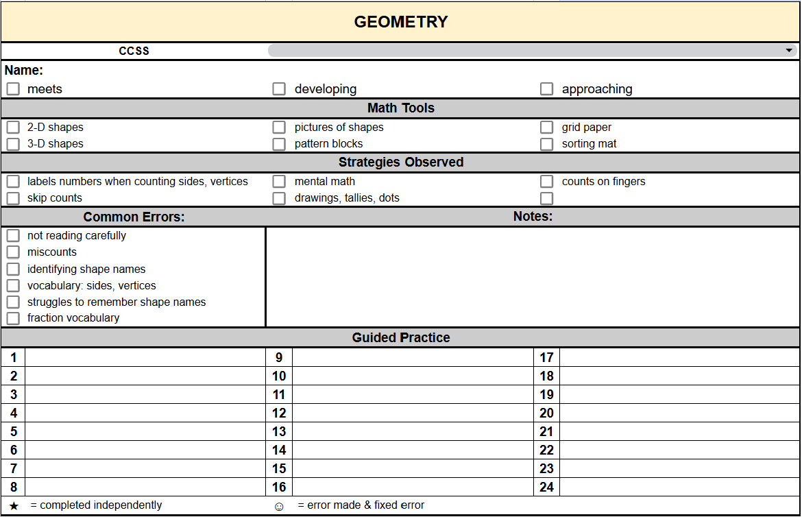 2nd Grade CCSS Geometry Anecdotal Notes
