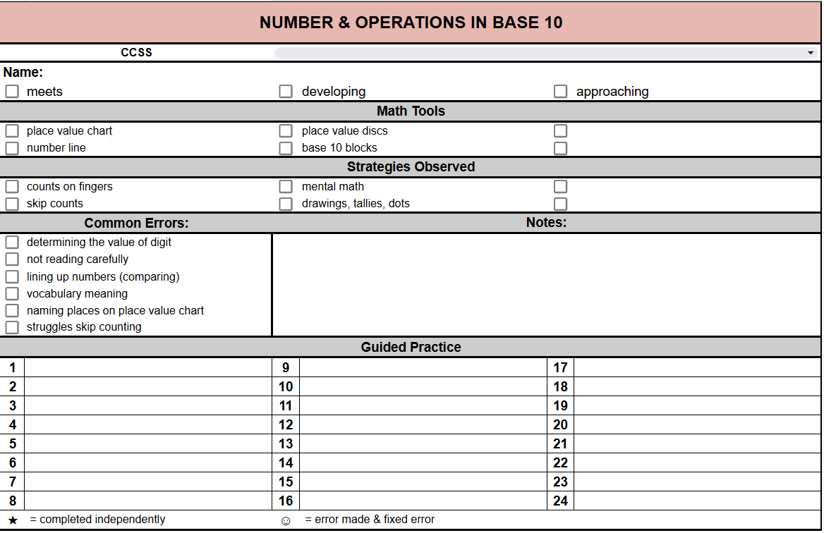 1st Grade CCSS Anecdotal Notes Numbers in Base 10