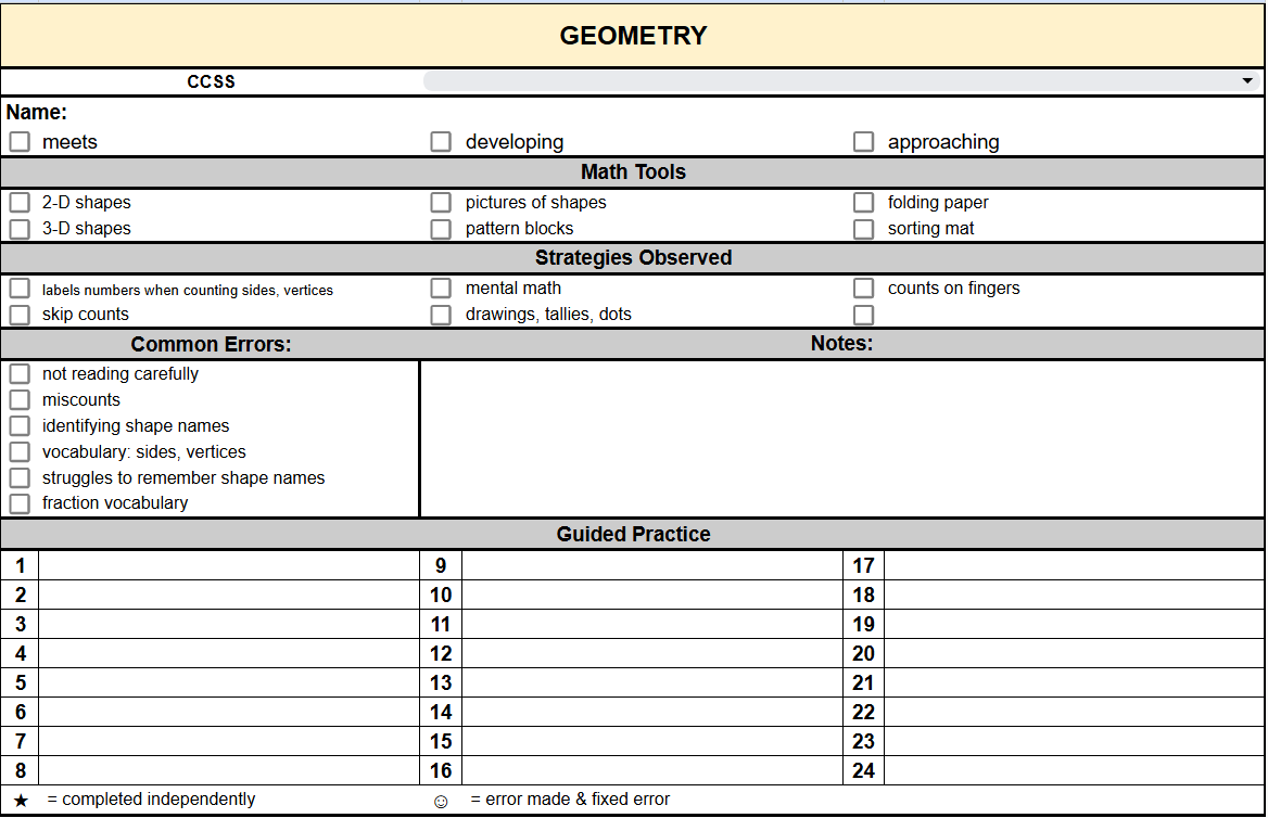 1st Grade CCSS Anecdotal Notes Geometry