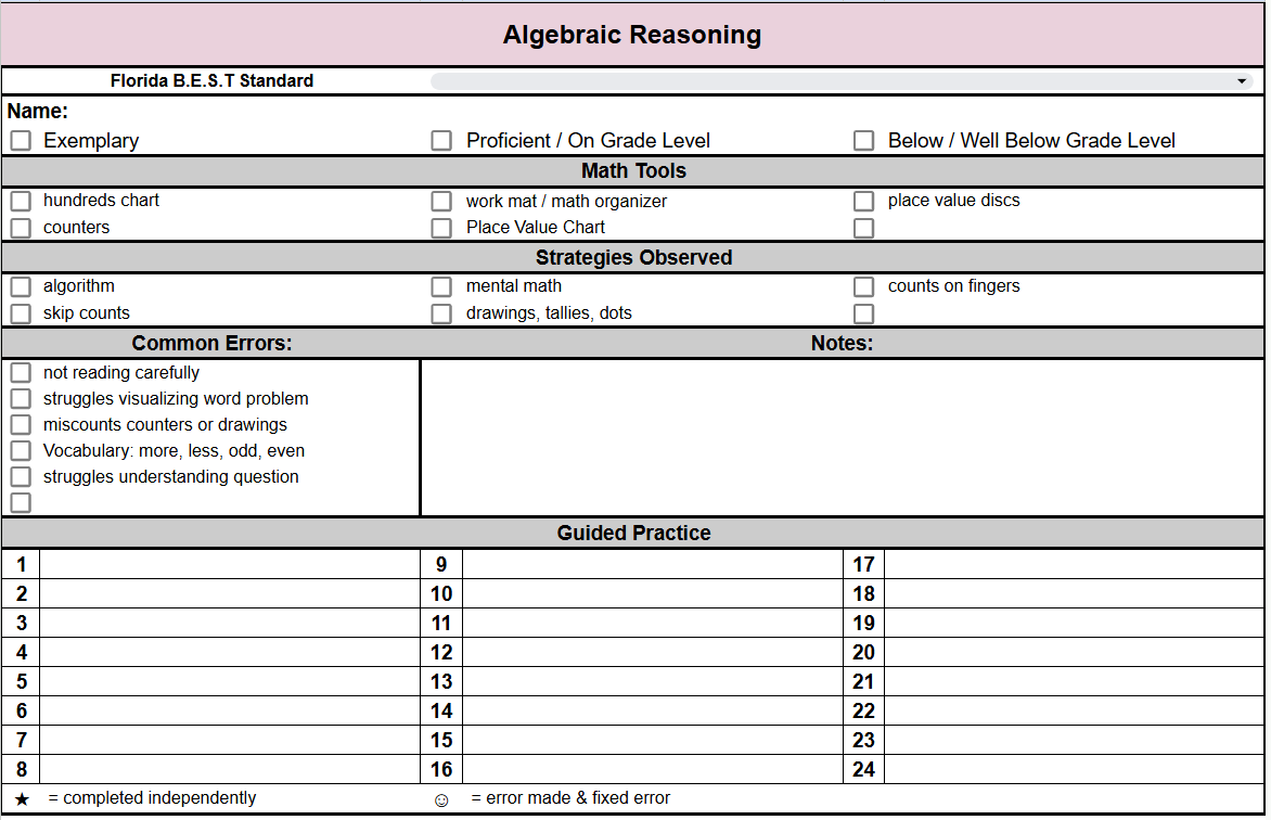 2nd Grade Florida Math Anecdotal Notes Algebraic Reasoning