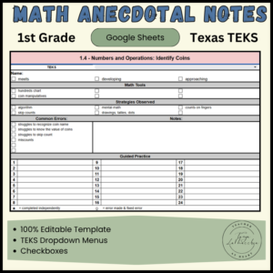 1st Grade Math Anecdotal Notes TEKS cover