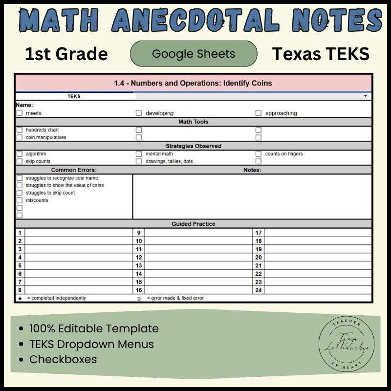 1st Grade Math Anecdotal Notes TEKS cover