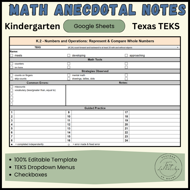 Kindergarten Math Anecdotal Notes TEKS Cover