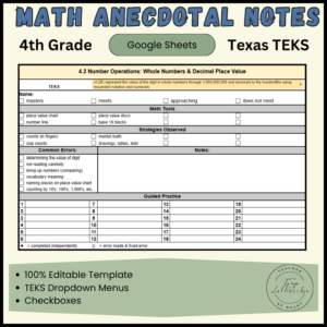 4th grade teks math anecdotal notes cover