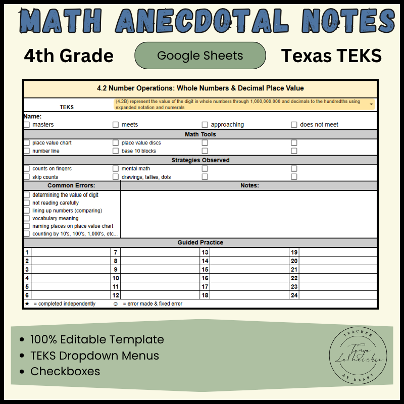 4th grade teks math anecdotal notes cover