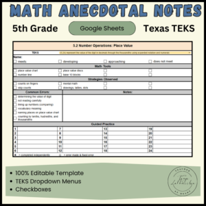 5th Grade Math Anecdotal Notes Template Cover