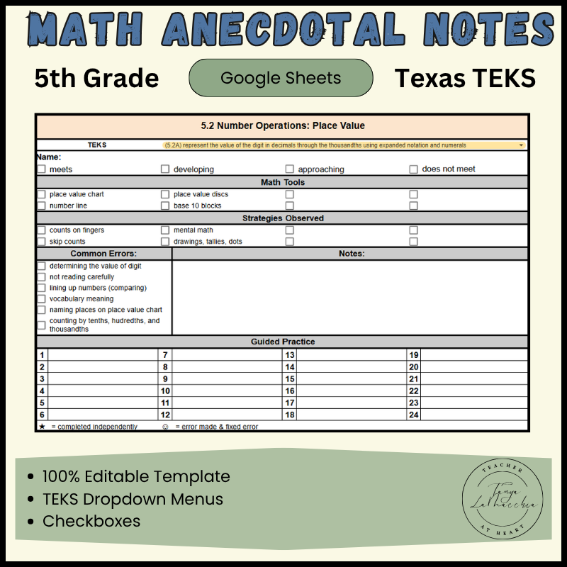 5th Grade Math Anecdotal Notes Template Cover
