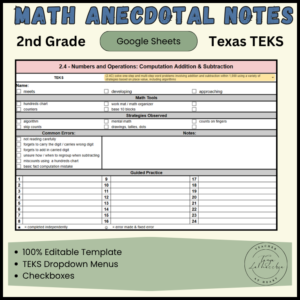2nd Grade Math TEKS Anecdotal Notes Cover