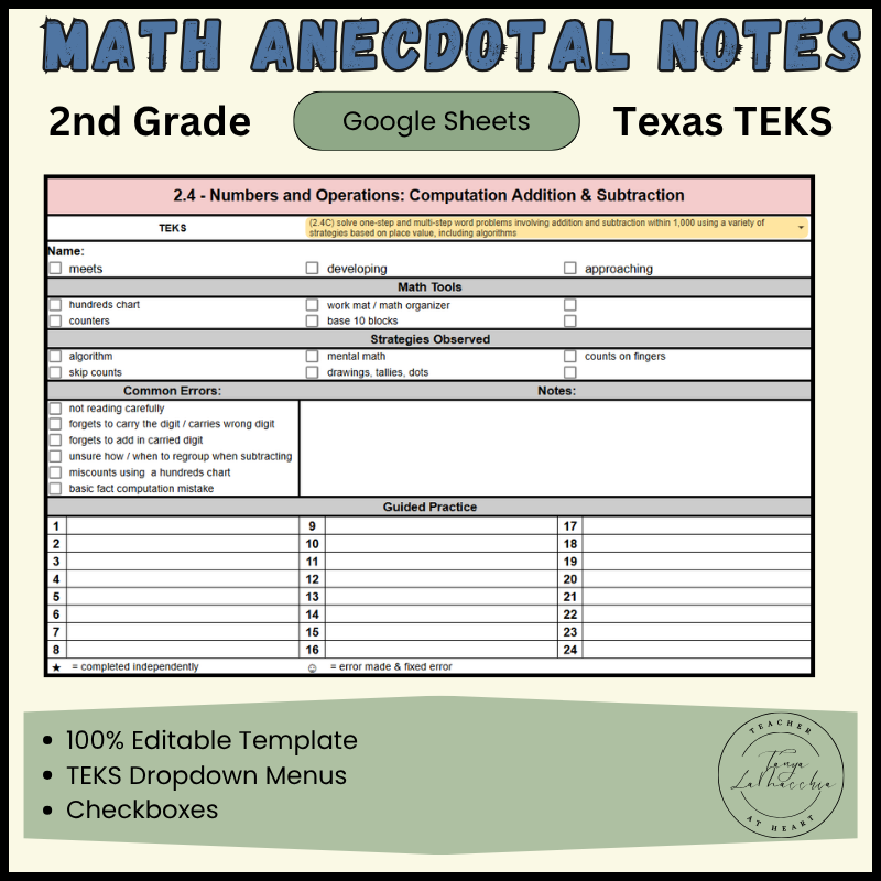 2nd Grade Math TEKS Anecdotal Notes Cover